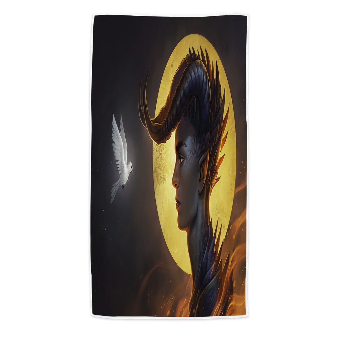 Fantasy Art Beach Towels Dragon Man and Dove