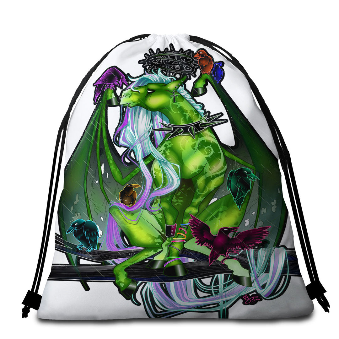 Fantasy Art Beach Towles and Bags Set Green Dragon and Crows