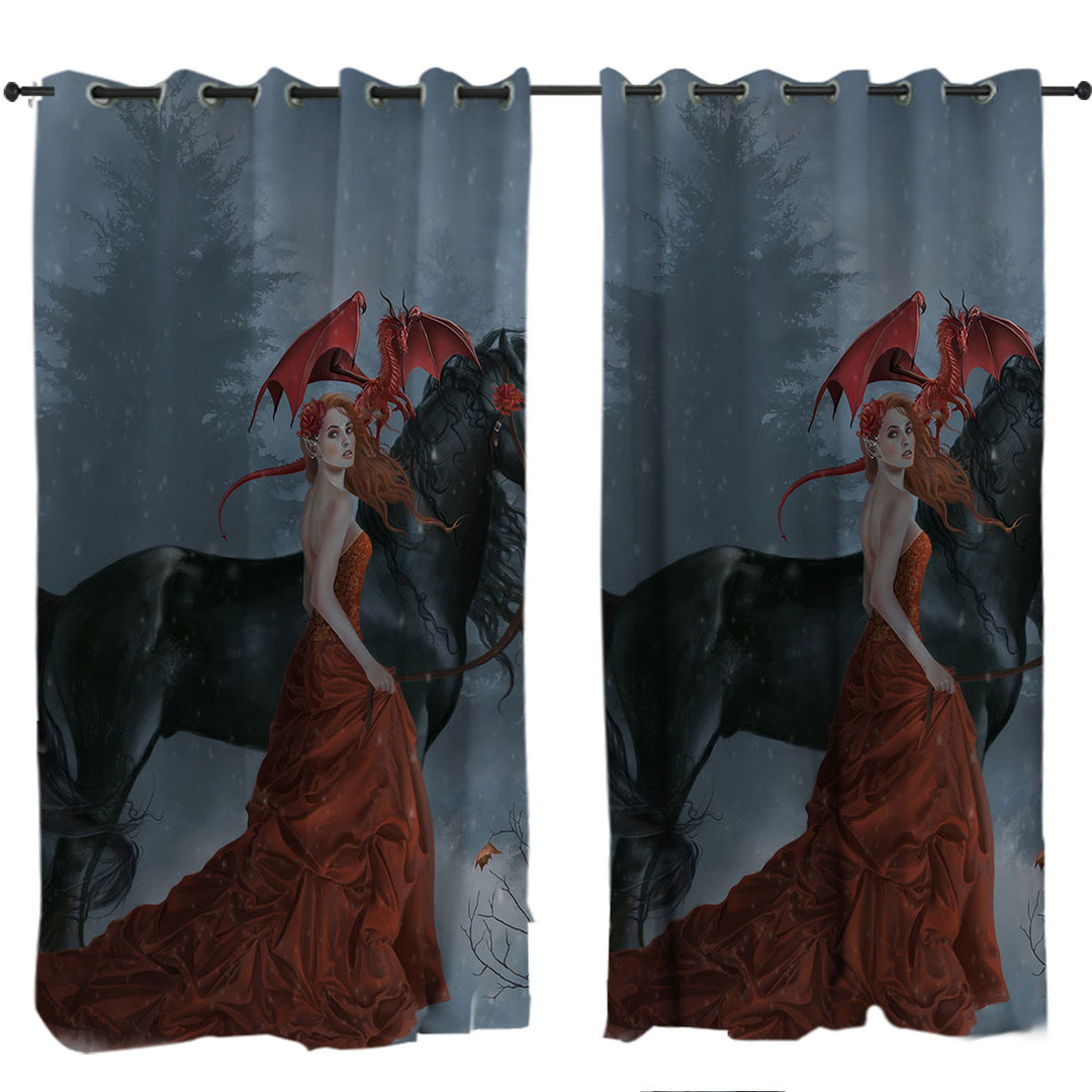 Fantasy Art Beautiful Autumn Dragon Princess with Her Horse Curtain