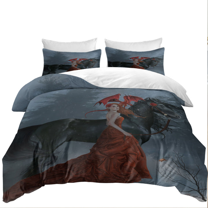 Fantasy Art Beautiful Autumn Dragon Princess with Her Horse Duvet Cover Queen