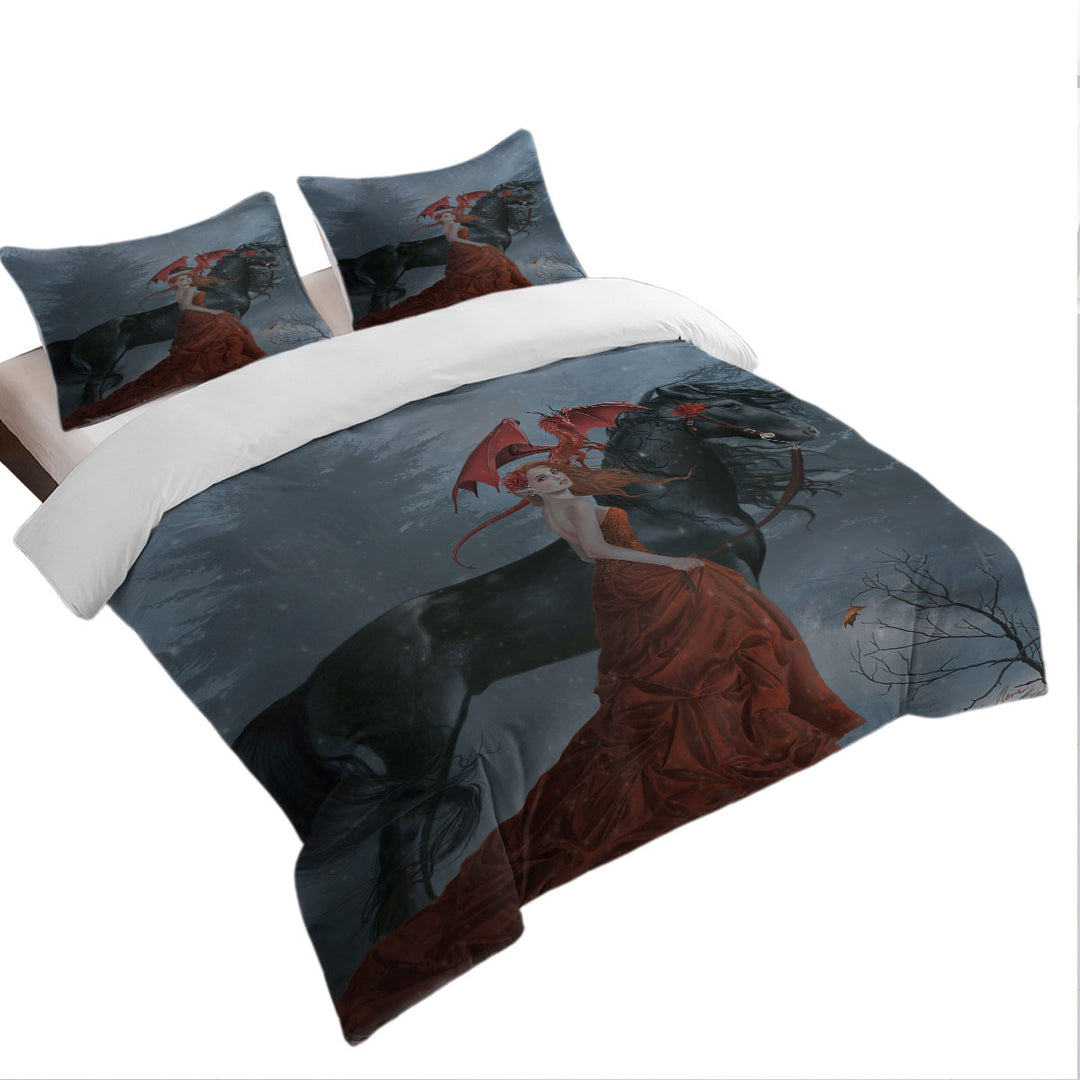 Fantasy Art Beautiful Autumn Dragon Princess with Her Horse Duvet Covers Sets