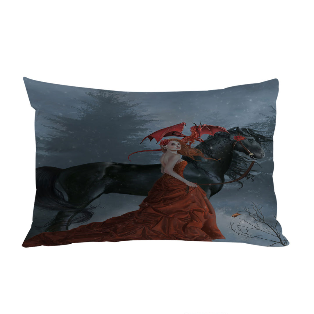 Fantasy Art Beautiful Autumn Dragon Princess with Her Horse Pillowcase