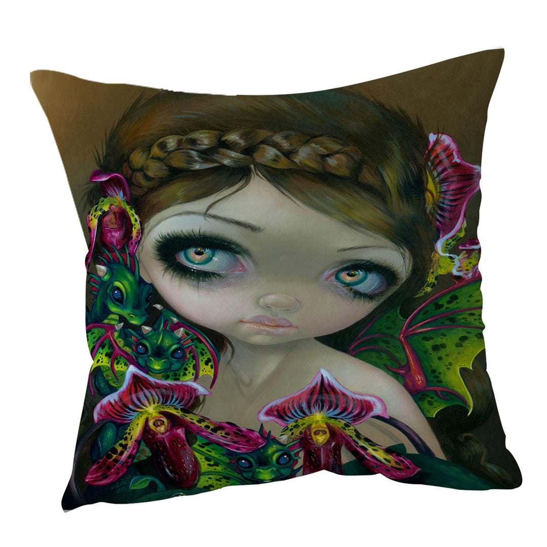 Fantasy Art Beautiful Fairy and Dragon Orchid Cushion Cover