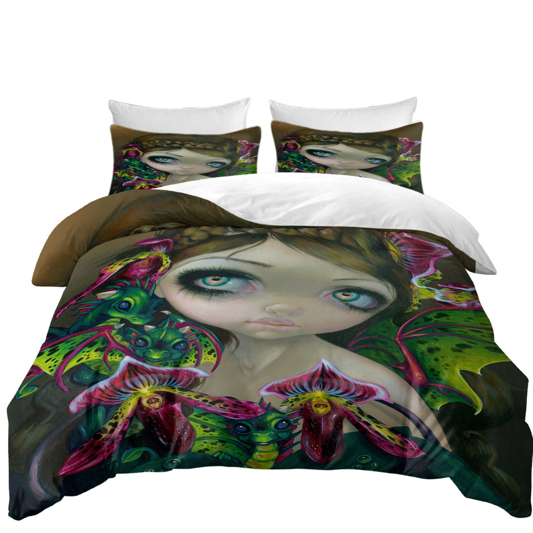 Fantasy Art Beautiful Fairy and Dragon Orchid King Quilt Cover