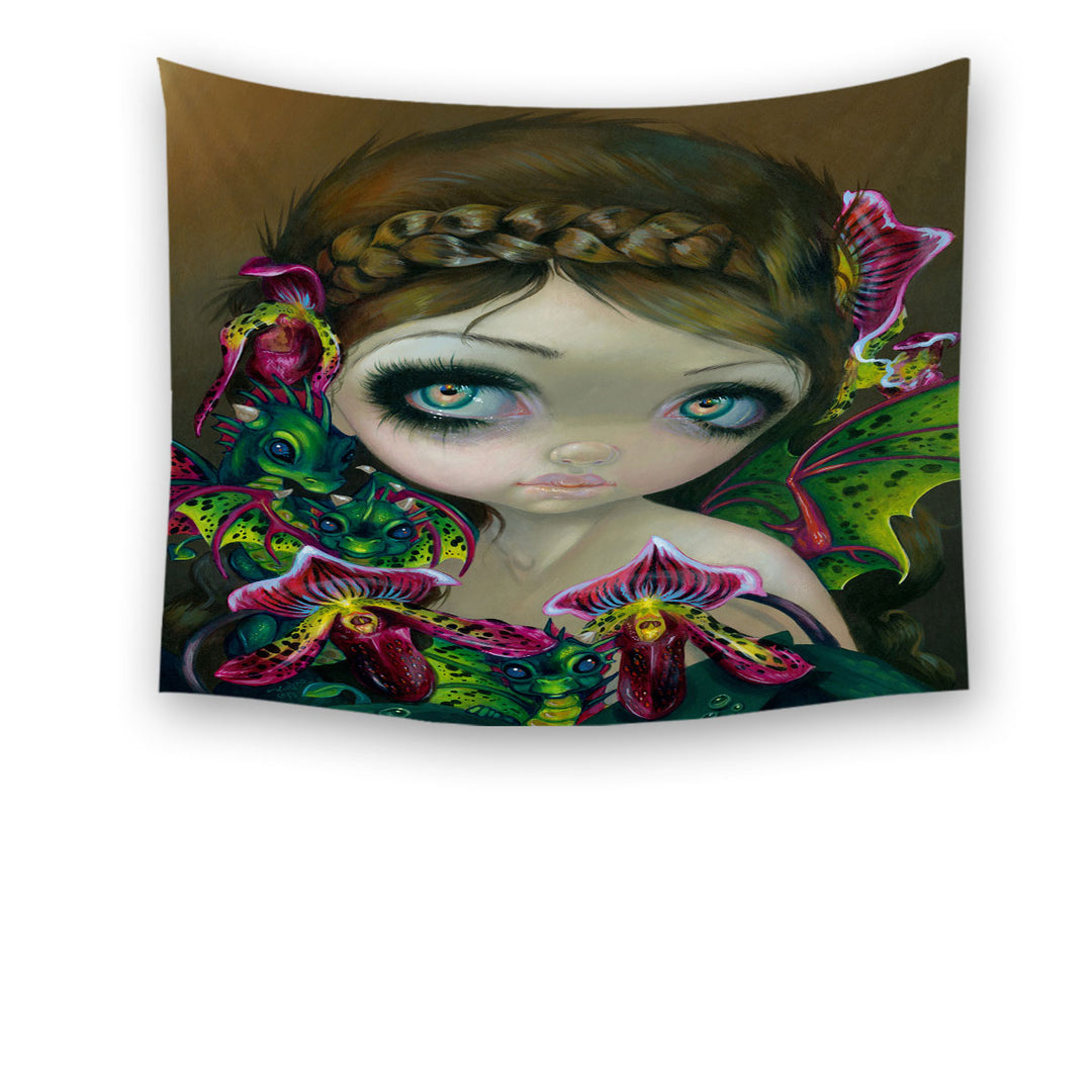 Fantasy Art Beautiful Fairy and Dragon Orchid Tapestry