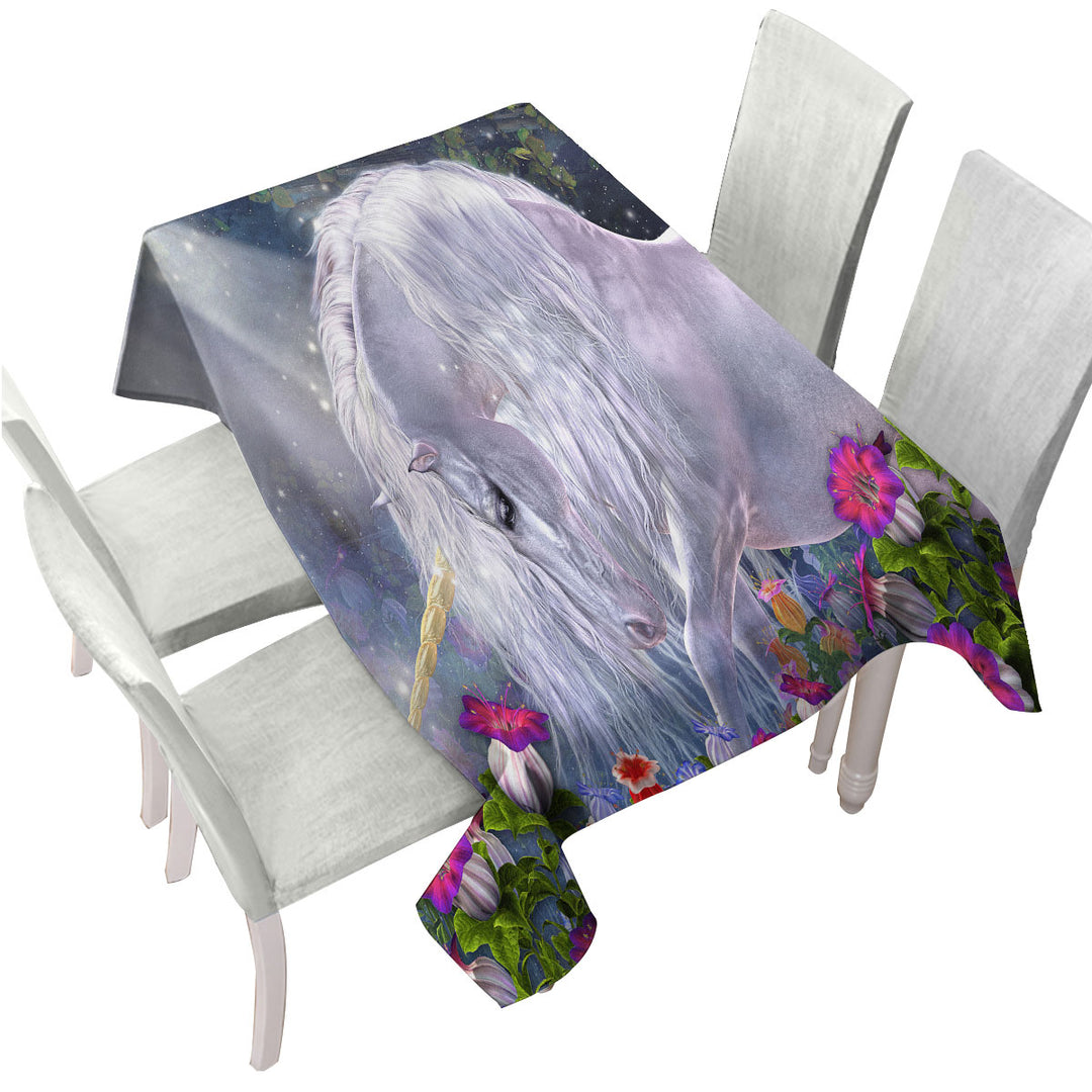 Fantasy Art Beautiful Flowers and Pure White Unicorn Custom table cloth