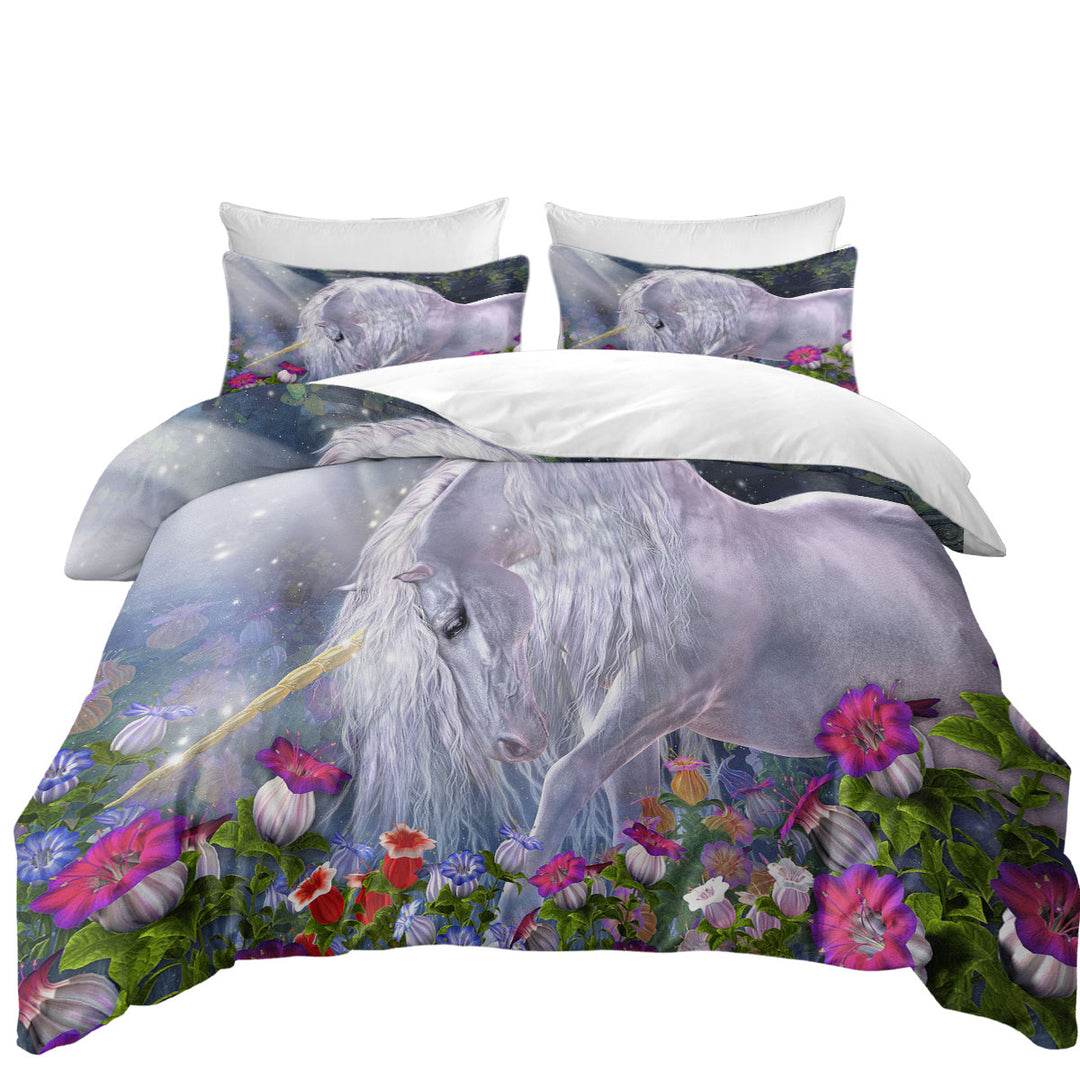 Fantasy Art Beautiful Flowers and Pure White Unicorn Duvet Cover