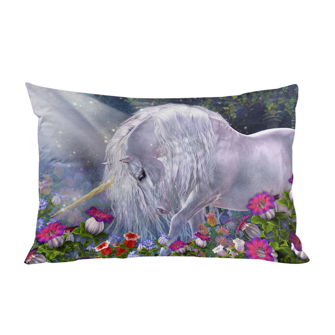 Fantasy Art Beautiful Flowers and Pure White Unicorn Pillow Cases