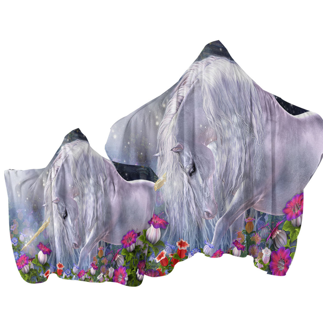 Fantasy Art Beautiful Flowers and Pure White Unicorn Towel with Hood