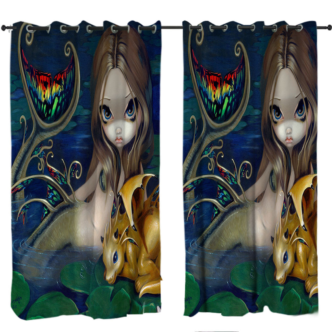 Fantasy Art Beautiful Mermaid with a Golden Dragon Curtain