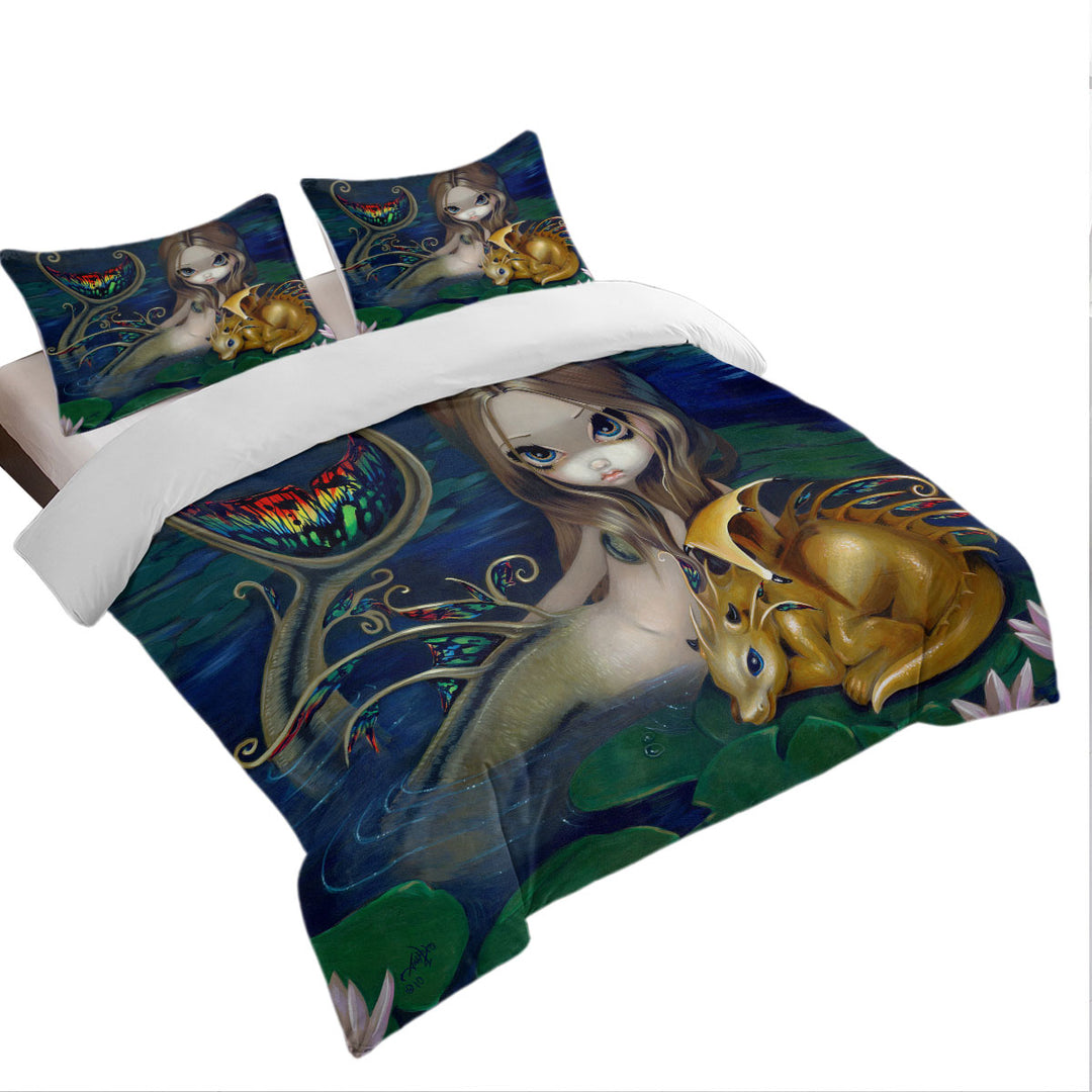 Fantasy Art Beautiful Mermaid with a Golden Dragon Duvet Cover sale