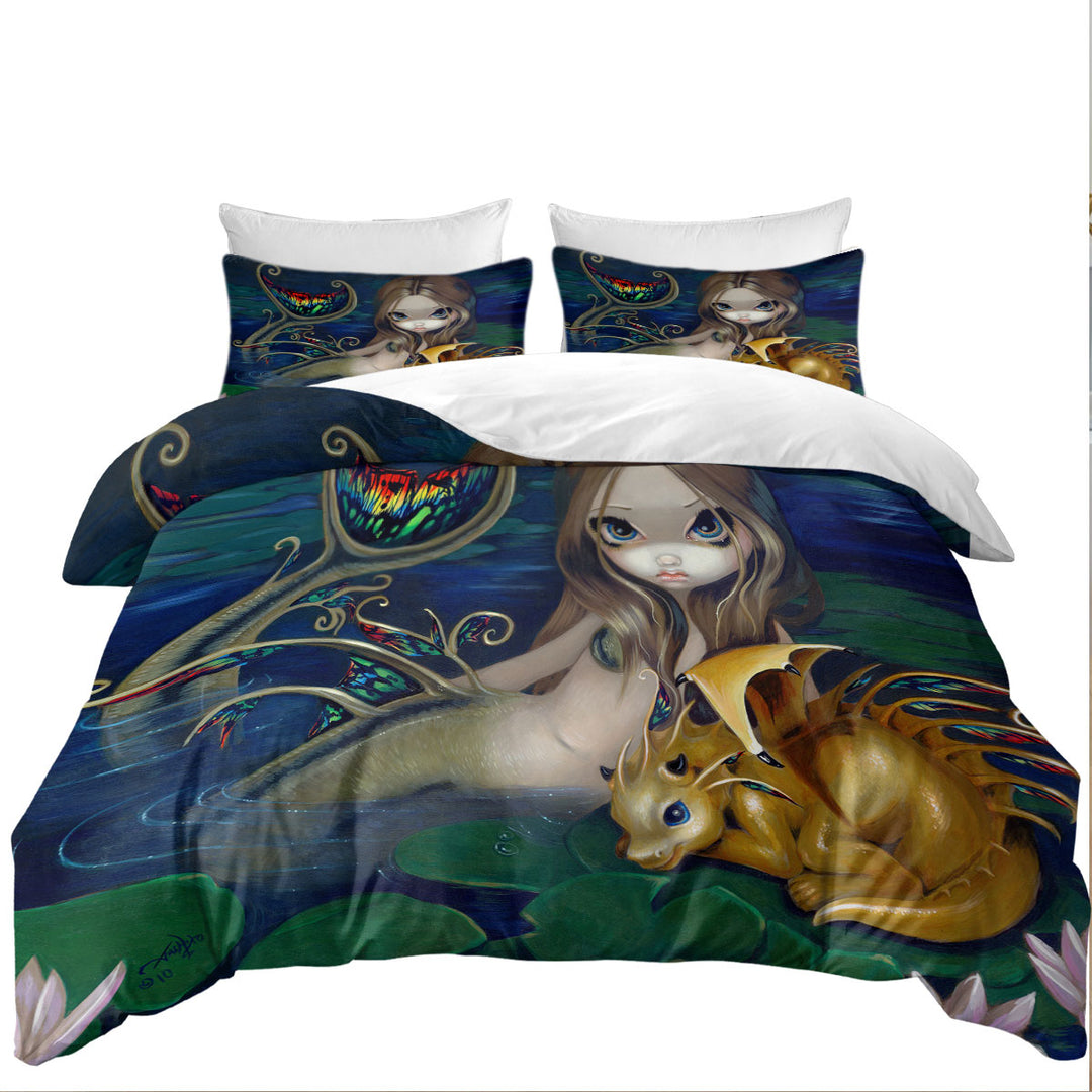 Fantasy Art Beautiful Mermaid with a Golden Dragon Duvet Cover set