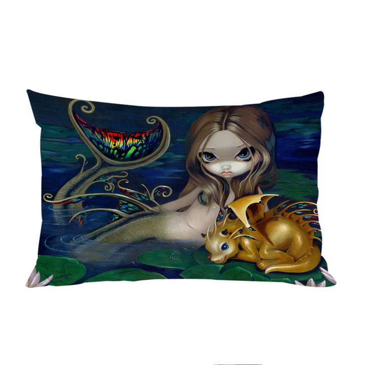 Fantasy Art Beautiful Mermaid with a Golden Dragon throw pillow case covers