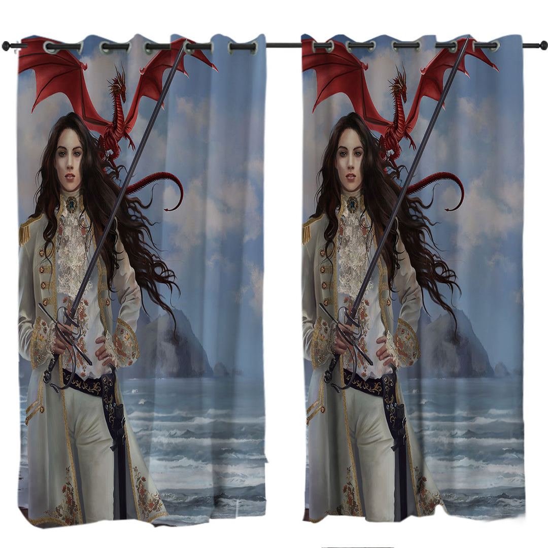 Fantasy Art Beautiful Pirate Girl and Her Dragon Curtains for Bedroom