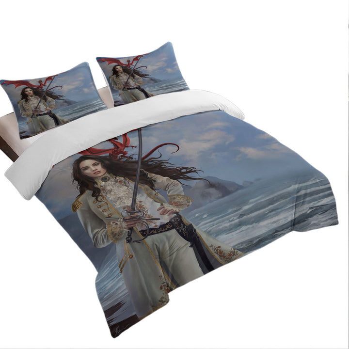 Fantasy Art Beautiful Pirate Girl and Her Dragon Duvet Cover