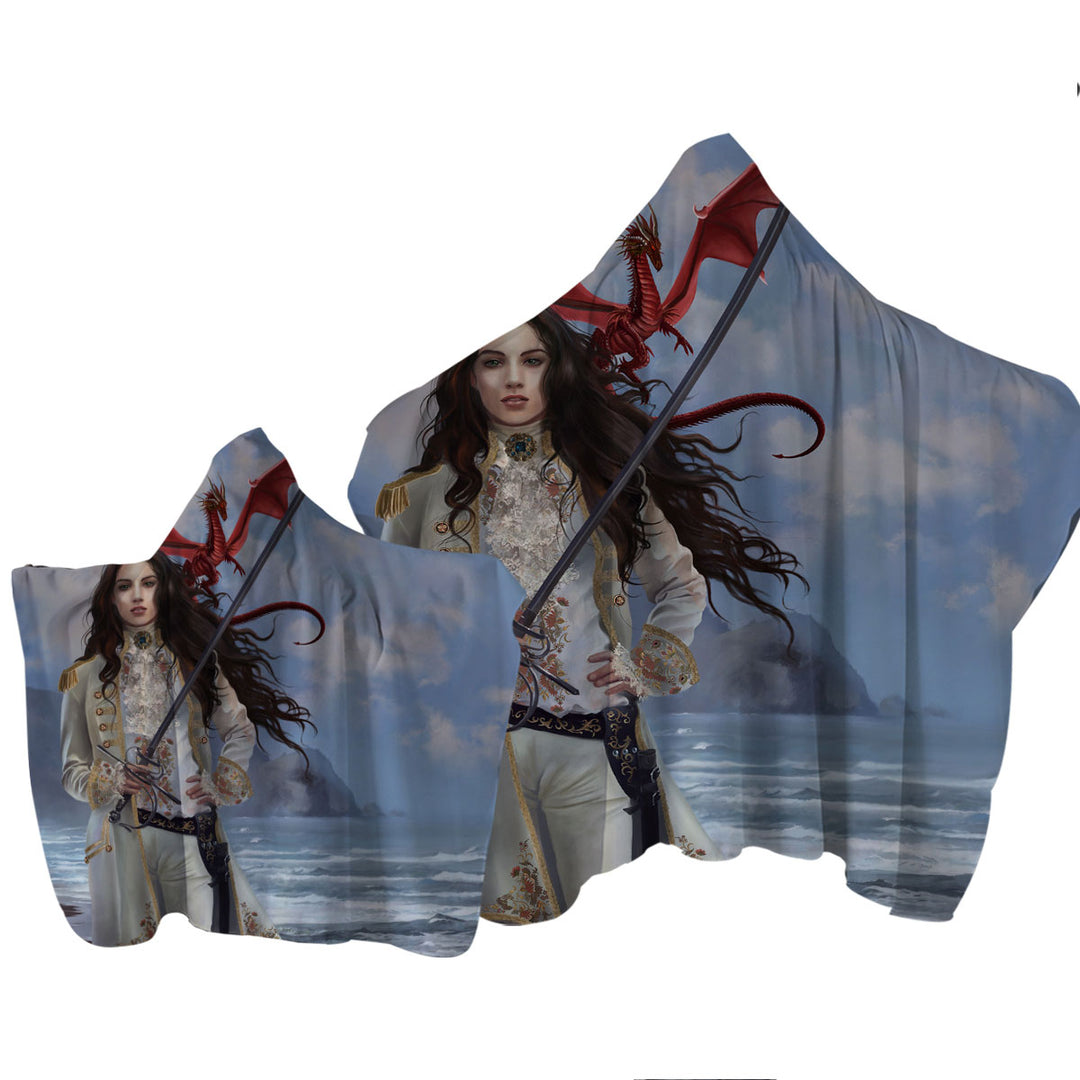 Fantasy Art Beautiful Pirate Girl and Her Dragon Hooded Beach Towel