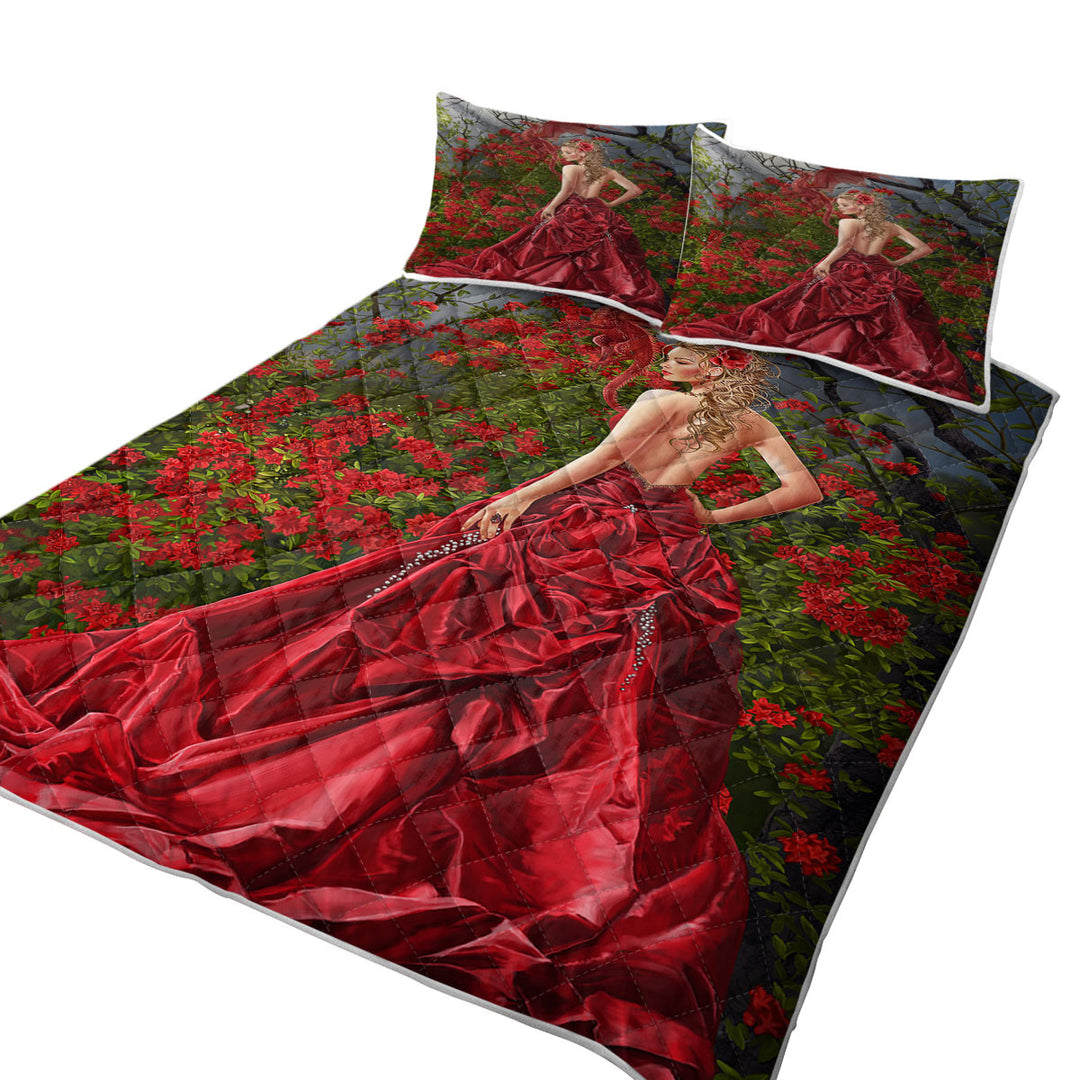 Fantasy Art Beautiful Red Dressed Woman and Dragon Coverlet