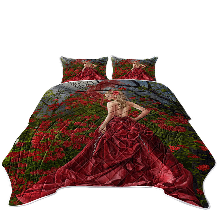 Fantasy Art Beautiful Red Dressed Woman and Dragon Coverlets