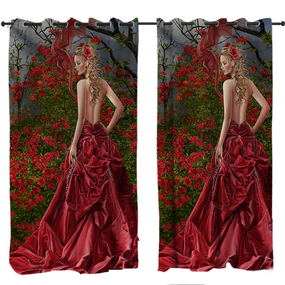 Fantasy Art Beautiful Red Dressed Woman and Dragon Drapes for Living Room