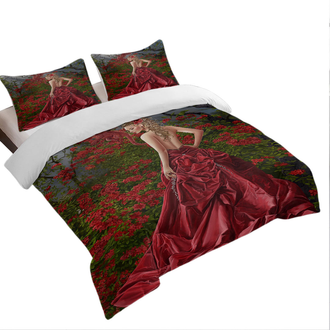 Fantasy Art Beautiful Red Dressed Woman and Dragon Duvet Covers