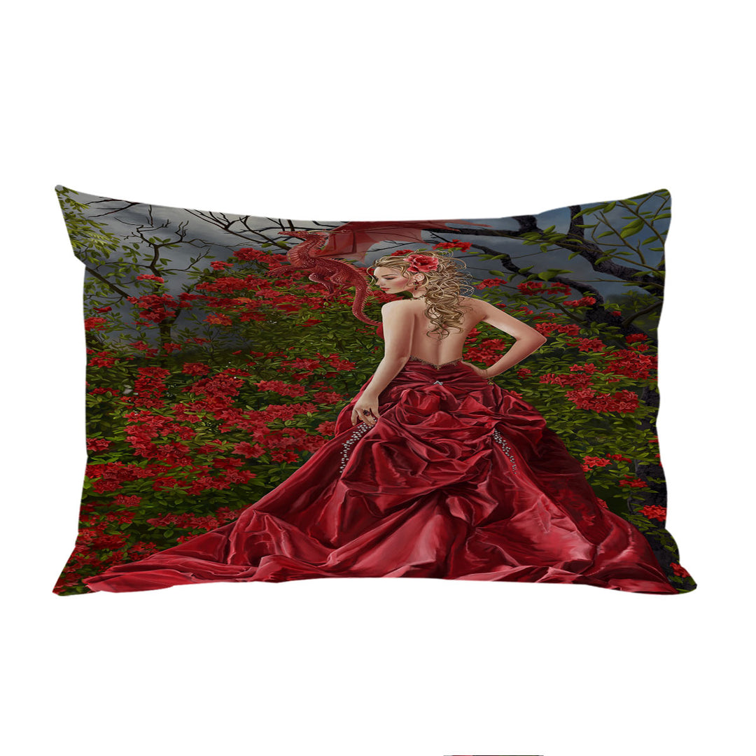 Fantasy Art Beautiful Red Dressed Woman and Dragon Pillowcases