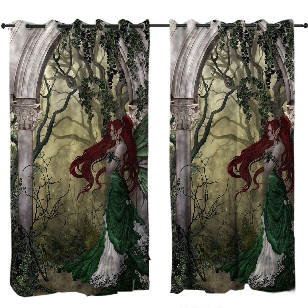 Fantasy Art Beautiful Redhead Green Fairy Custom Curtains