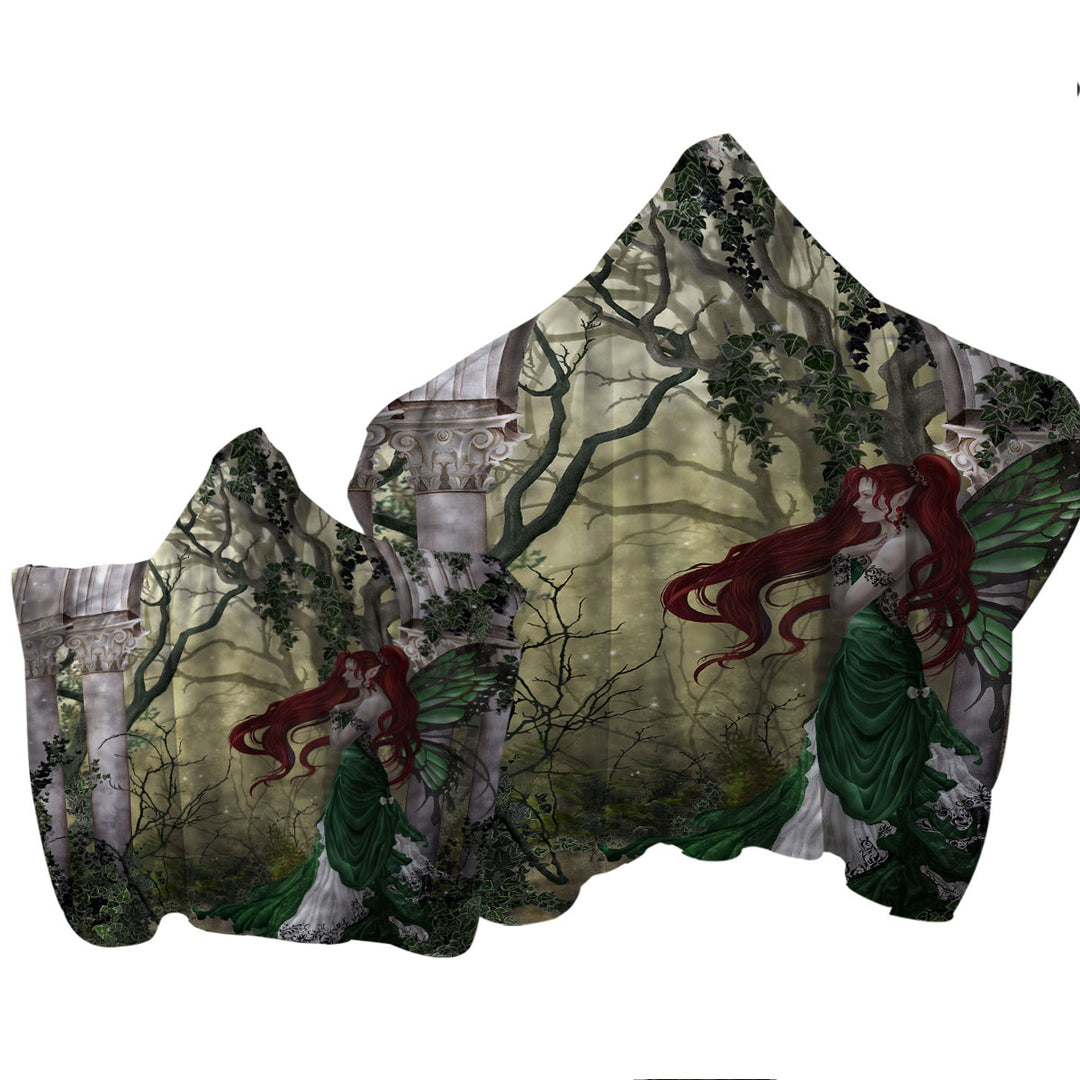 Fantasy Art Beautiful Redhead Green Fairy Hooded Beach Towel