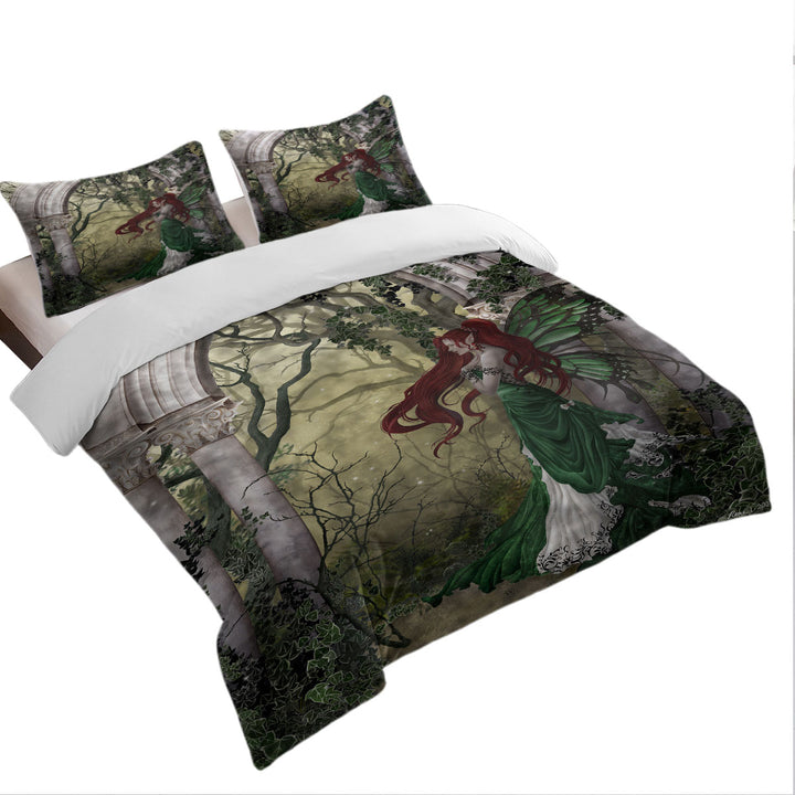 Fantasy Art Beautiful Redhead Green Fairy Queen Size Duvet Cover