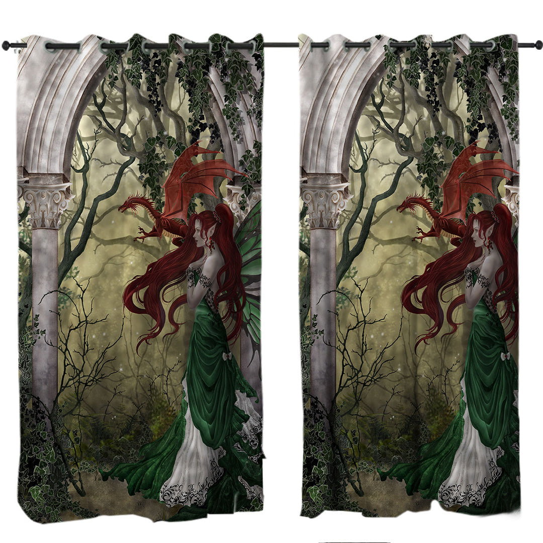 Fantasy Art Beautiful Redhead Green Fairy and Her Dragon Eyelet Curtains