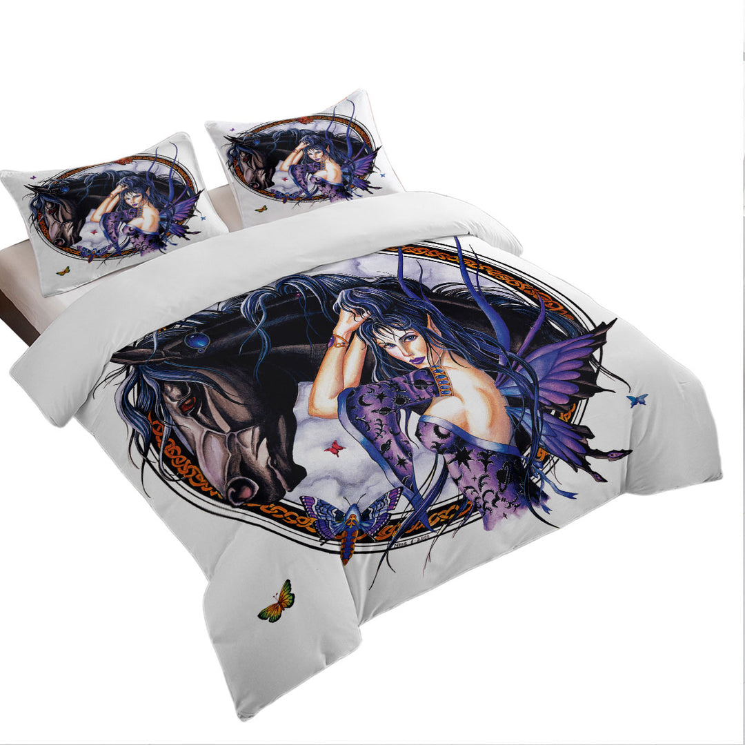 Fantasy Art Black Horse and Purple Fairy Duvet Cover