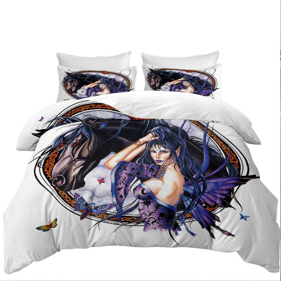 Fantasy Art Black Horse and Purple Fairy Duvet Covers