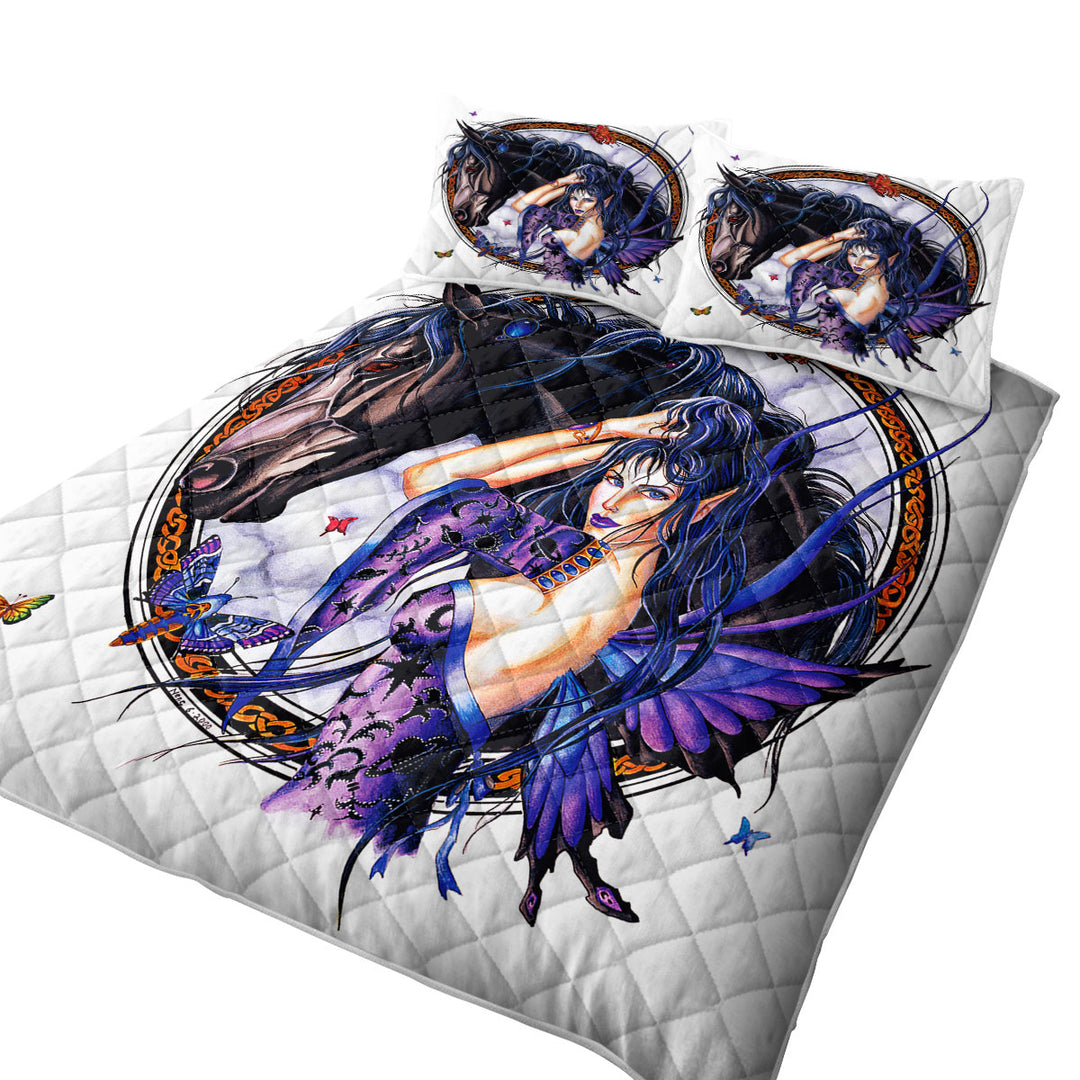 Fantasy Art Black Horse and Purple Fairy King Quilt