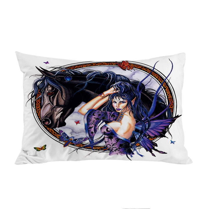 Fantasy Art Black Horse and Purple Fairy Pillow Cases