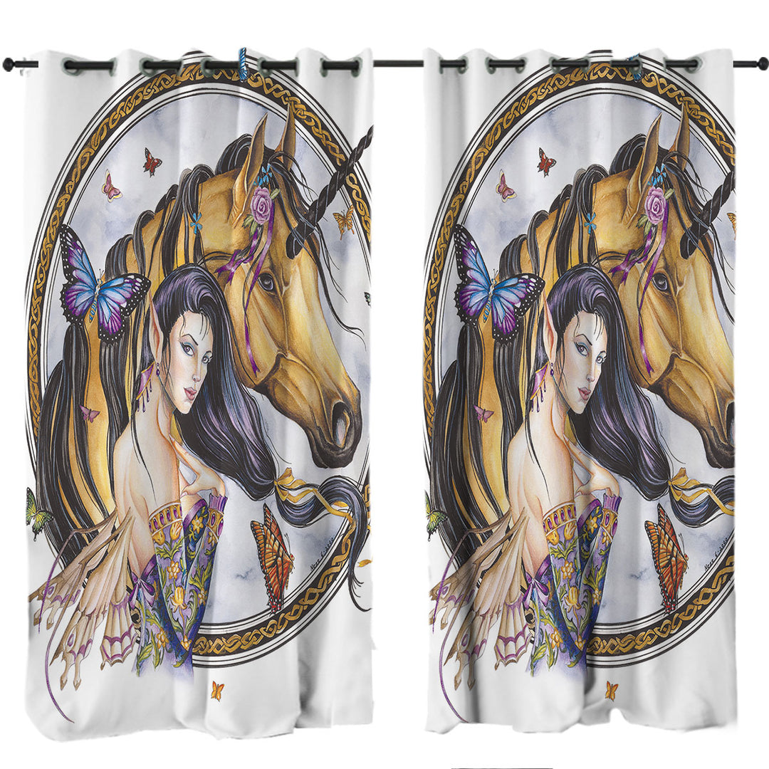 Fantasy Art Brown Unicorn and Fairy Princess Curtains