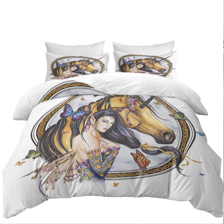 Fantasy Art Brown Unicorn and Fairy Princess full Size Duvet Cover