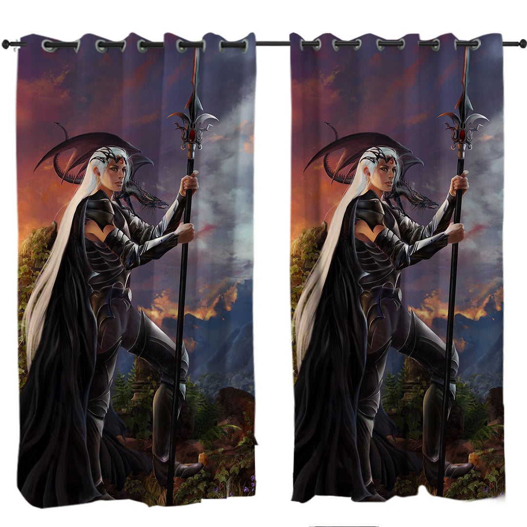 Fantasy Art Burning Valley and Dragon Girl Warrior Custom Drapes