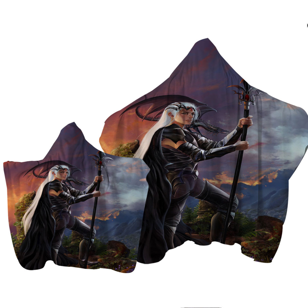 Fantasy Art Burning Valley and Dragon Girl Warrior Towel Hoodie