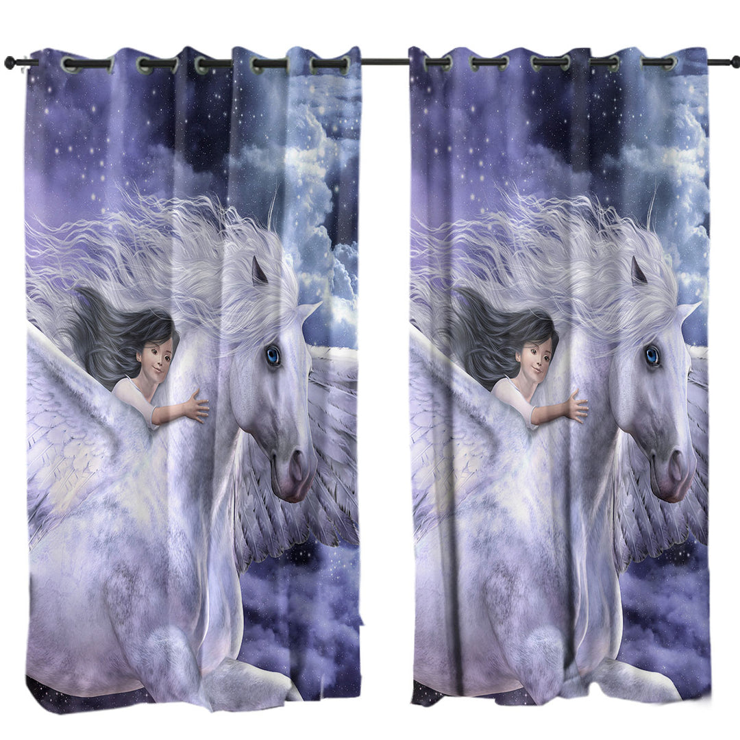 Fantasy Art Cute Girl Riding Flying Horse Curtains