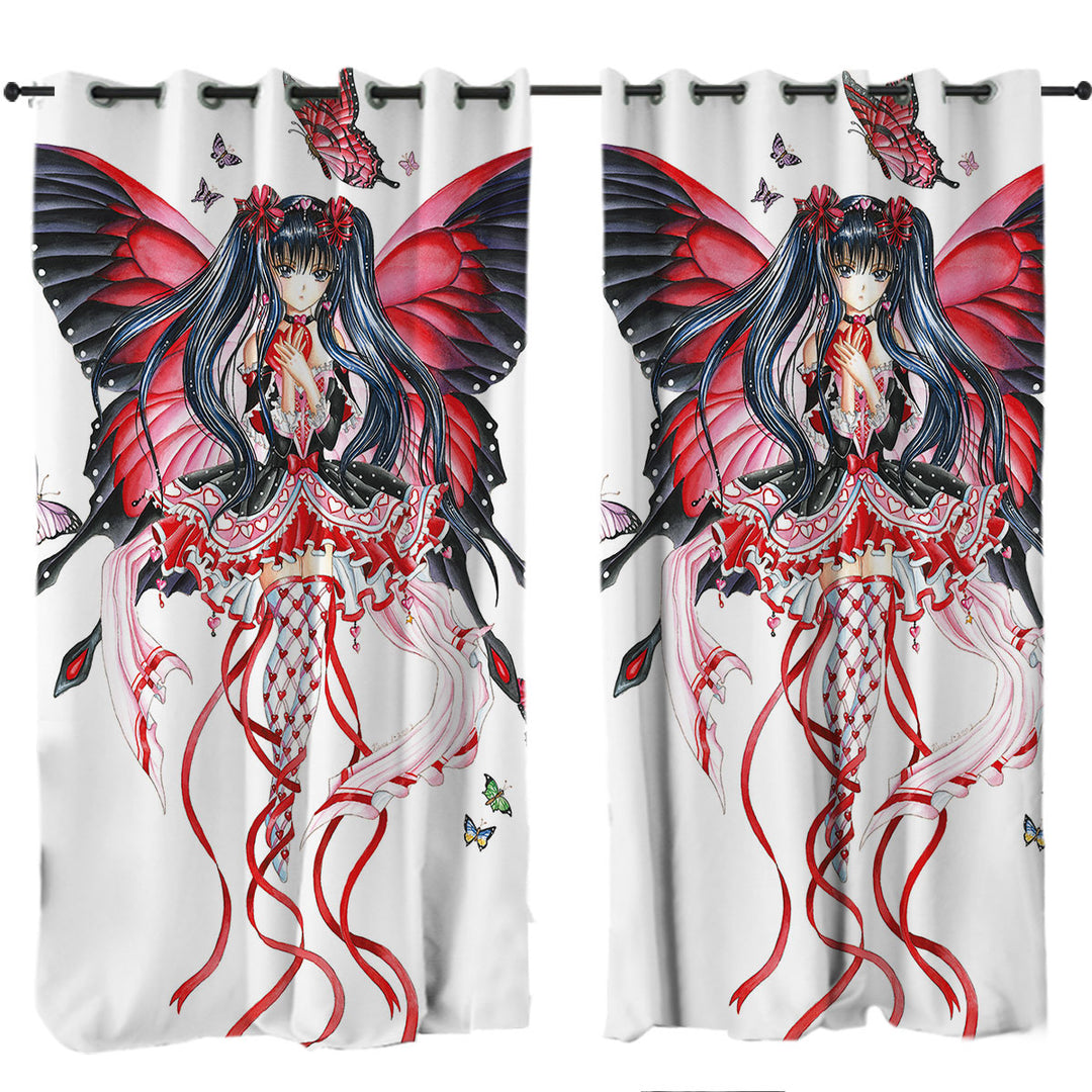 Fantasy Art Drawing Red Butterfly Girl Curtains