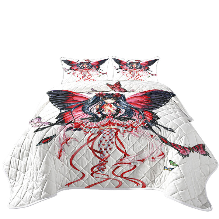 Fantasy Art Drawing Red Butterfly Girl Quilts for sale