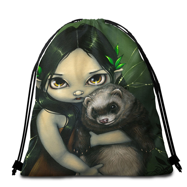 Fantasy Art Ferret and His Fairy Beach Towels and Bags Set