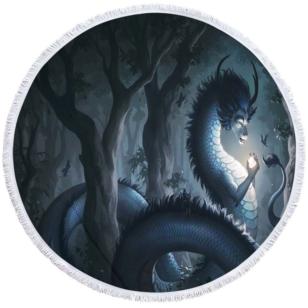 Fantasy Art Forest Dragon Round Beach Towel