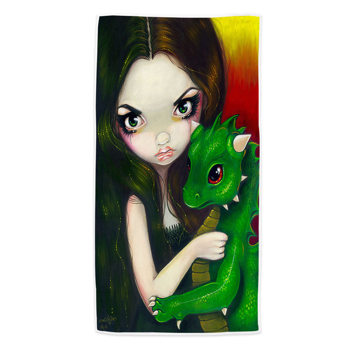 Fantasy Art Girl and Baby Green Dragon Beach Towel