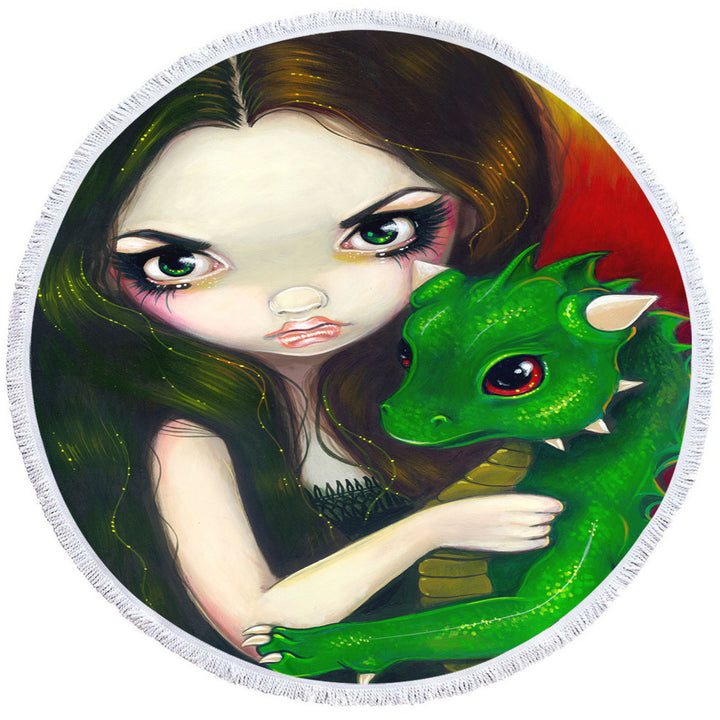 Fantasy Art Girl and Baby Green Dragon Circle Beach Towel