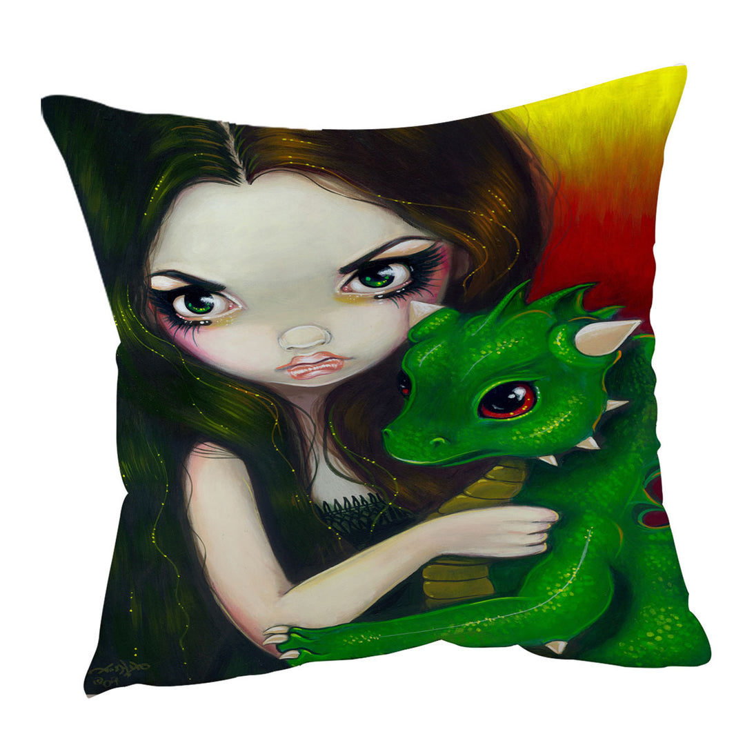 Fantasy Art Girl and Baby Green Dragon Cushions