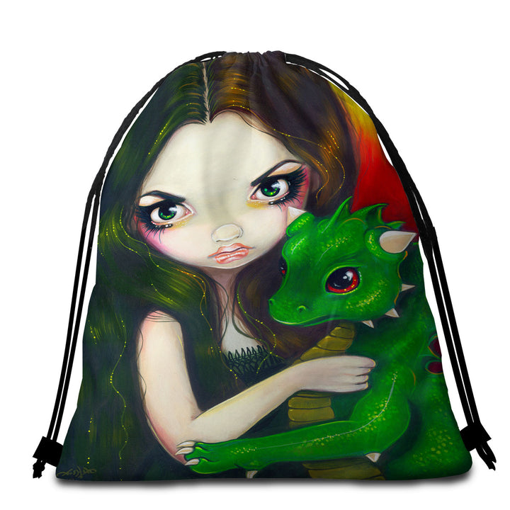 Fantasy Art Girl and Baby Green Dragon Cute Beach Towels