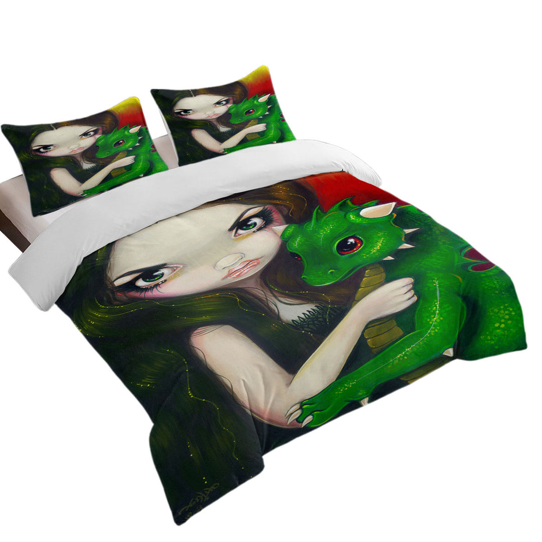 Fantasy Art Girl and Baby Green Dragon Duvet Covers