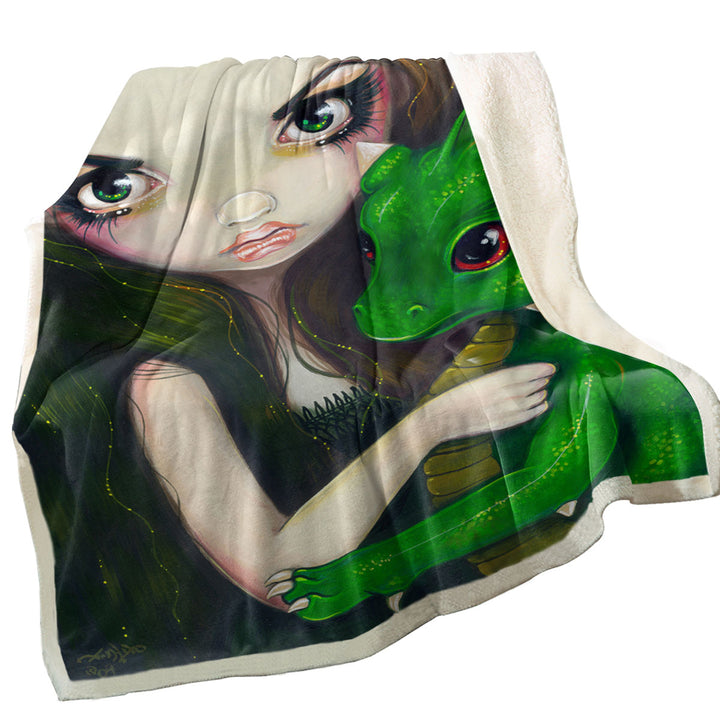 Fantasy Art Girl and Baby Green Dragon Fleece Blankets