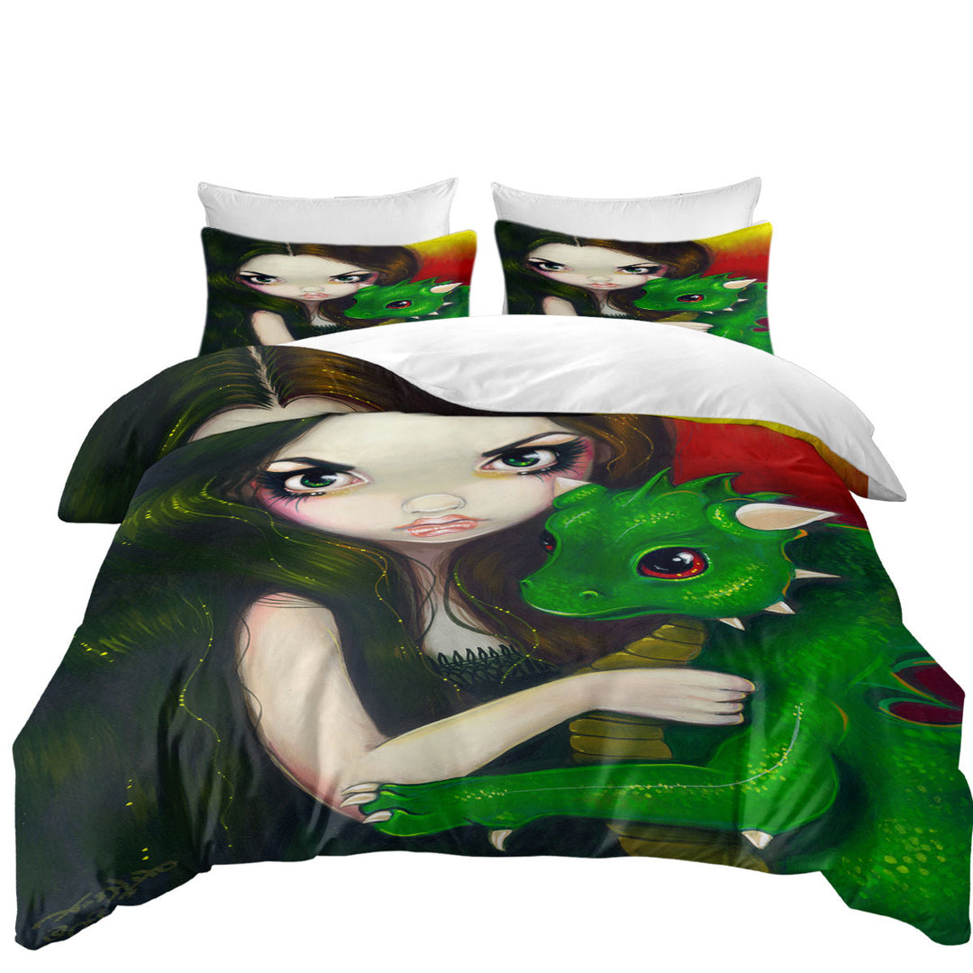 Fantasy Art Girl and Baby Green Dragon Quilt Cover