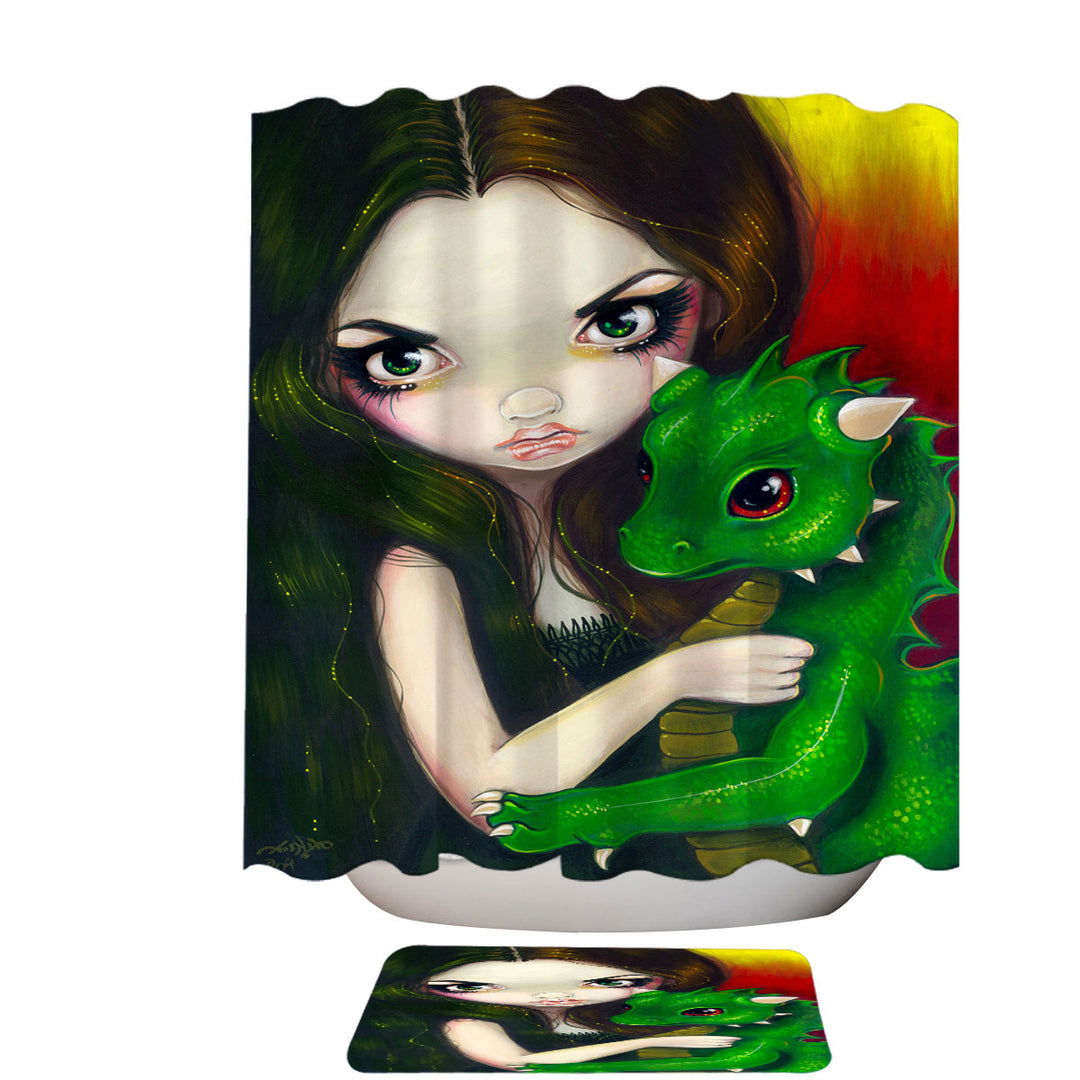 Fantasy Art Girl and Baby Green Dragon Shower Curtains